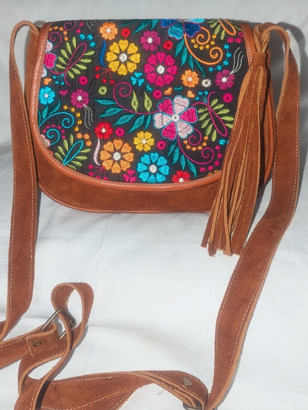 Artesanias Jordana Embroidered Floral Suede Crossbody Bag in Brown